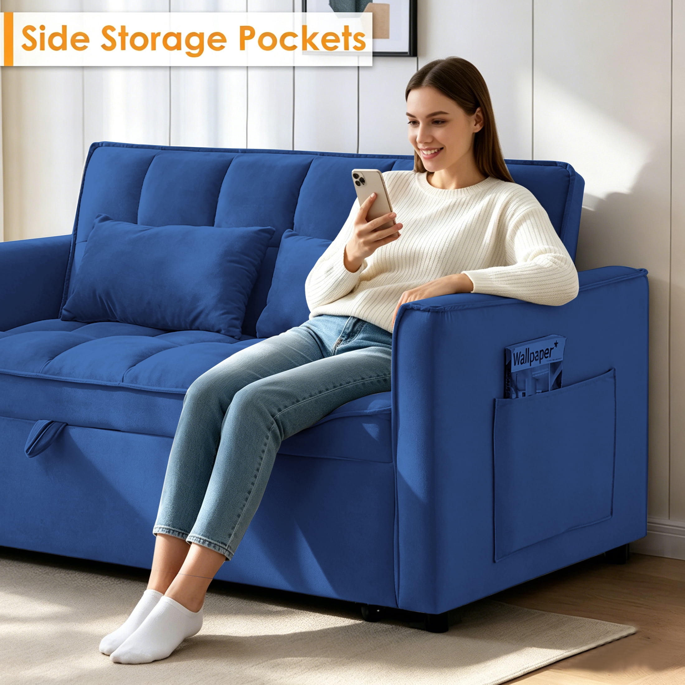 AISWORD Convertible Sofa Bed, 3 in 1 Pull Out Sleeper Loveseat Couch with Storage, Blue