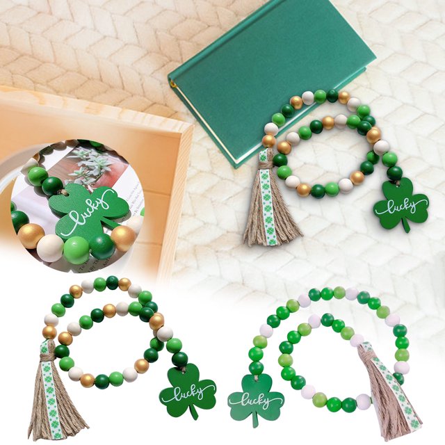 Xihbxyly Guirnalda de Cuentas Del Día de San Patricio, Decoración Rústica con Borlas Verdes, Cuentas de Madera Irlandesas, Bandeja Escalonada Navideña, Sala de Estar, Chimenea, Decoración de Mesa, 27
