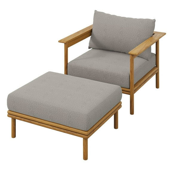 Modway Wren Outdoor Patio Teak Wood Armchair and Ottoman Set in Natural Driftwood