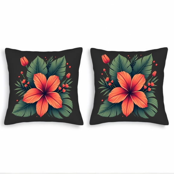 Vibrant Tropical Floral Throw Pillow Covers - Set of 2 18x18in Cushion Cases with Bright Orange Flowers & Green Leaves for Couch Bed Car Decor