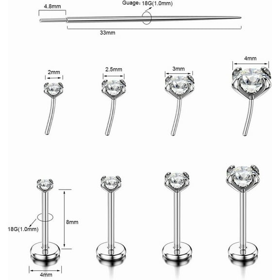 GHRTGR-8Pcs 18G 20G Flat Back Earrings 316L Surgical Steel Threadless Tragus Cartilage Nose Stud Push Pin Lip Stud Rings Medusa Piercing Jewelry Hypoallergenic