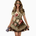 thumbnail image 2 of Elegant Rose Floral Print Women Dress V-Neck Short Sleeve Flowy Swing Party Midi Dress, 2 of 4