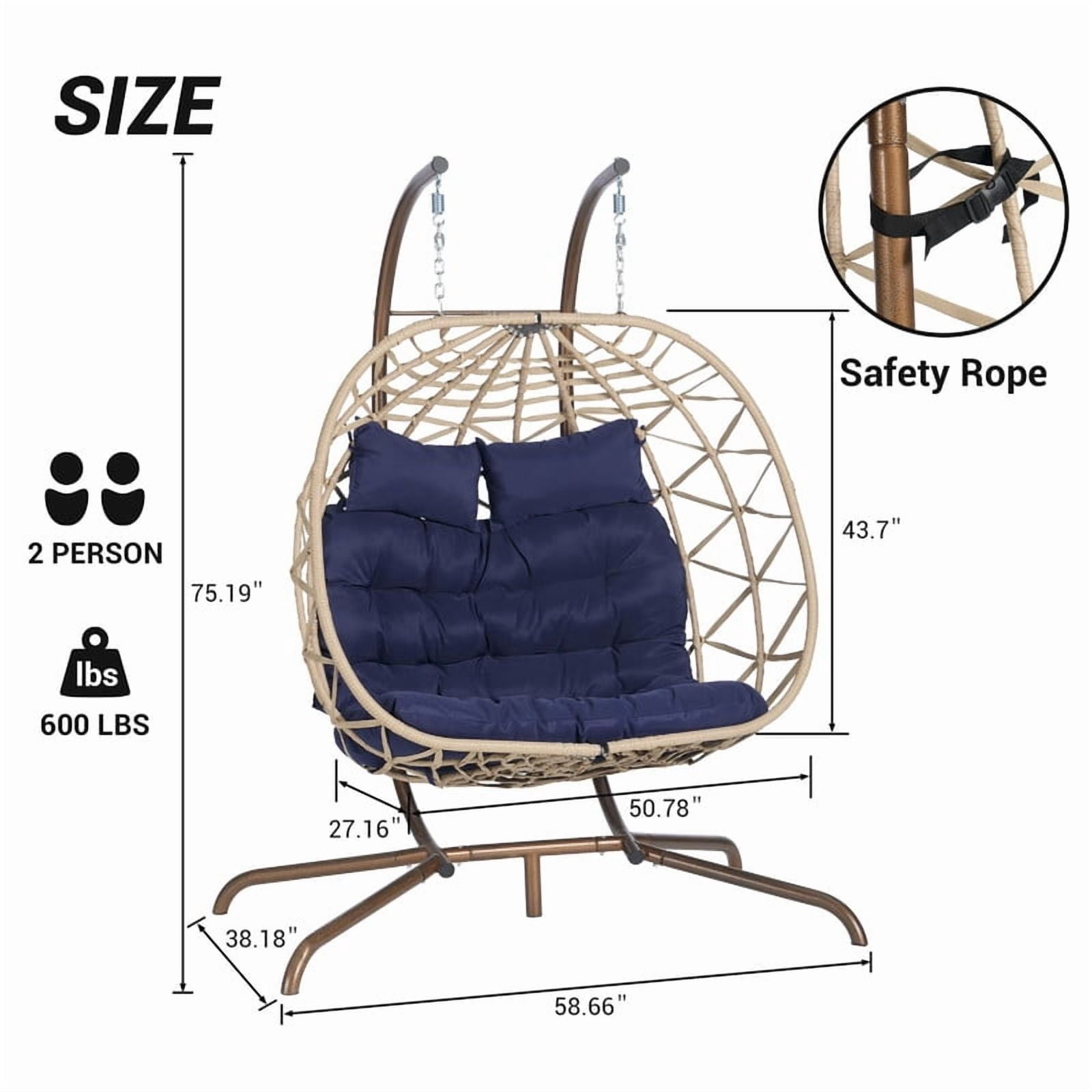 Double Swing Egg Chair with Stand,2 Person Indoor Outdoor Wicker Loveseat, Oversized Patio Hanging Basket Chair with Cushions, Cozy Sturdy Porch Swing for Backyard