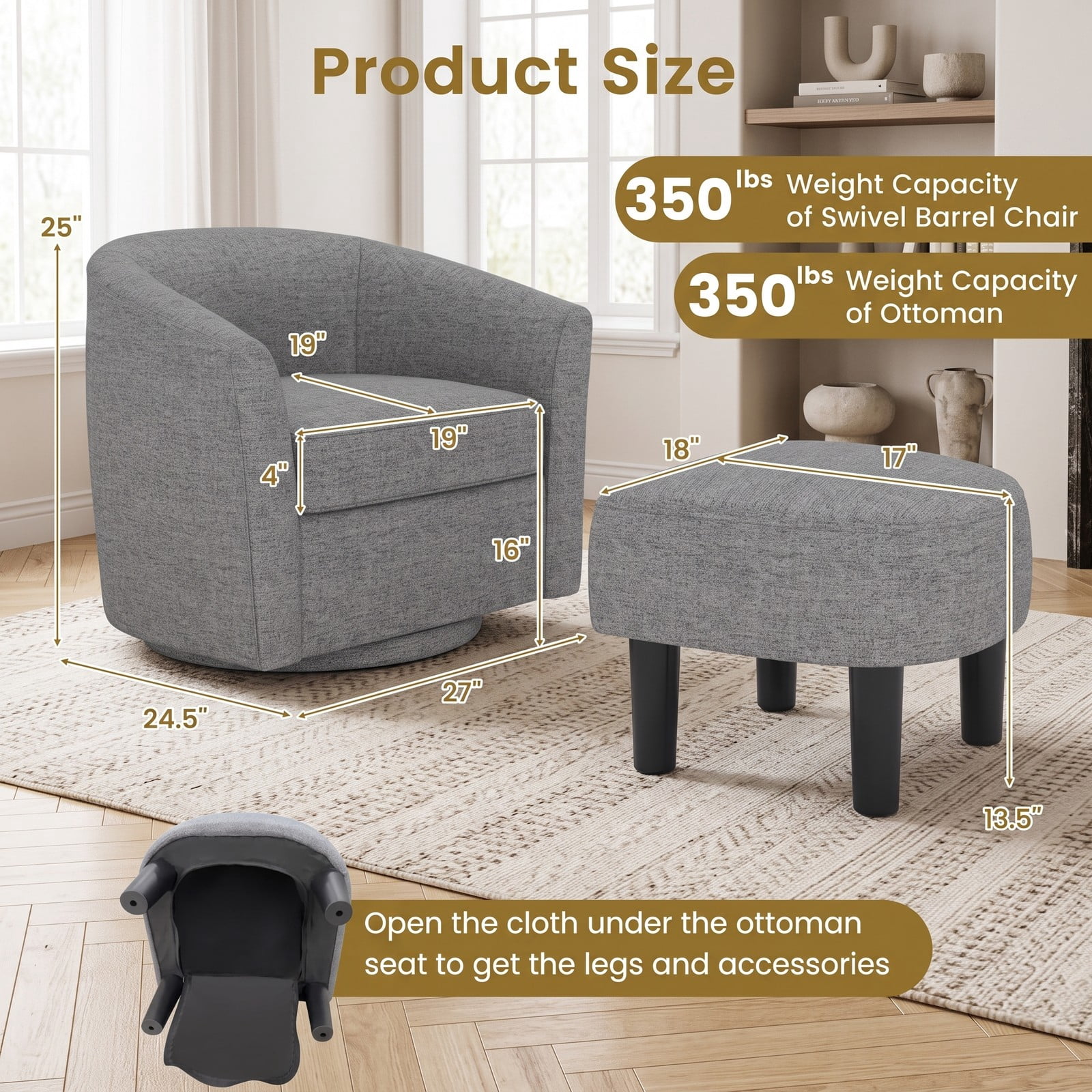 Furnibear Modern Club Swivel Accent Chair with Ottoman Footrest, 360-Degree Swivel Upholstered Linen Reading Armchair with Curved Backrest and Removable Cushion, Gray