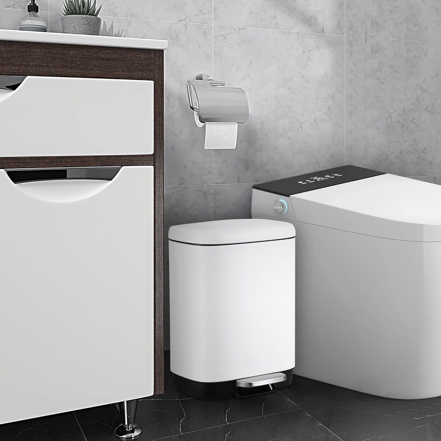 Bathroom Trash Bin with Lid, 3.2 Gallon Stainless Steel Kitchen Trash Can, With Automatic Lowering and Soft Closing, Recycling Bin for Kitchen, Bathroom or Office