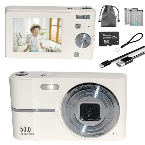 MAKATA Compact Digital Camera 50MP 16X Zoom HD 1080P - Point and Shoot Digital Camera 32GB Two Batteries - Kids Camera for Boys Girls Toddler Kids Students Beginners - Birthday or Holiday Gift (WHITE)