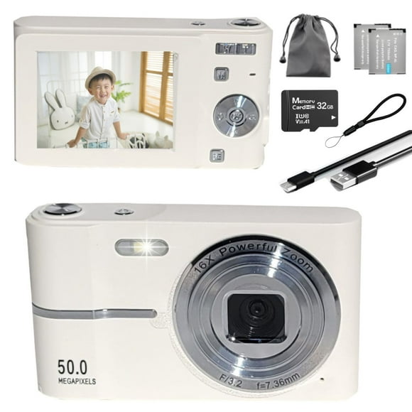 MAKATA Compact Digital Camera 50MP 16X Zoom HD 1080P - Point and Shoot Digital Camera 32GB Two Batteries - Kids Camera for Boys Girls Toddler Kids Students Beginners - Birthday or Holiday Gift (WHITE)