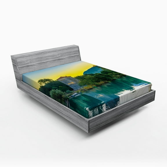Ambesonne Nature Fitted Sheet, Sunrise at Lake, Queen Size, Blue Green
