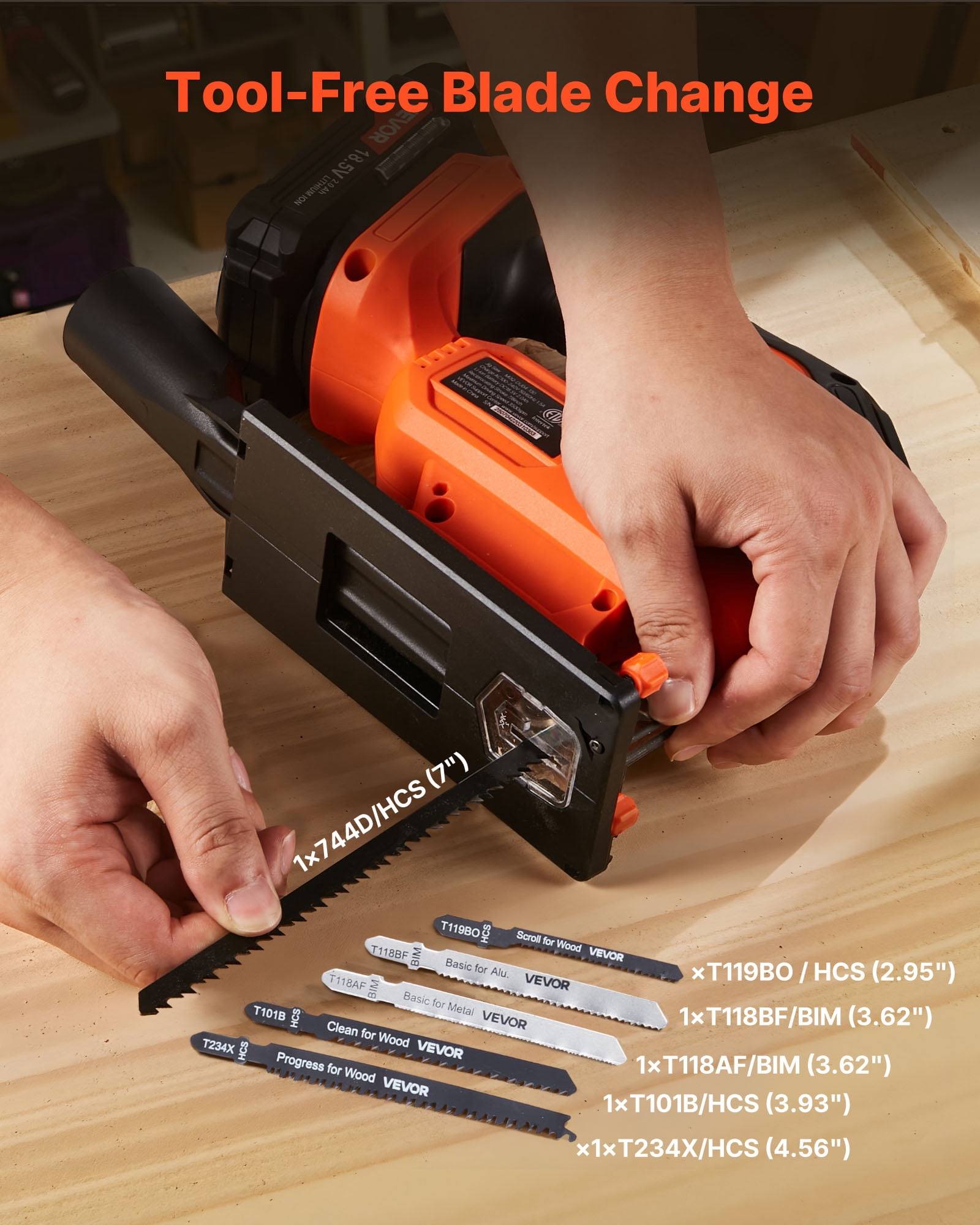 VEVOR Cordless Jig Saw, 20 V, 3000 SPM Blade Speed, Cordless Jigsaw with Battery and Charger, LED Light, 6 Variable Speed, 0- 45° Bevel Cuts, with 6 pcs Blades, 4 Orbital Settings, for Wood, Metal