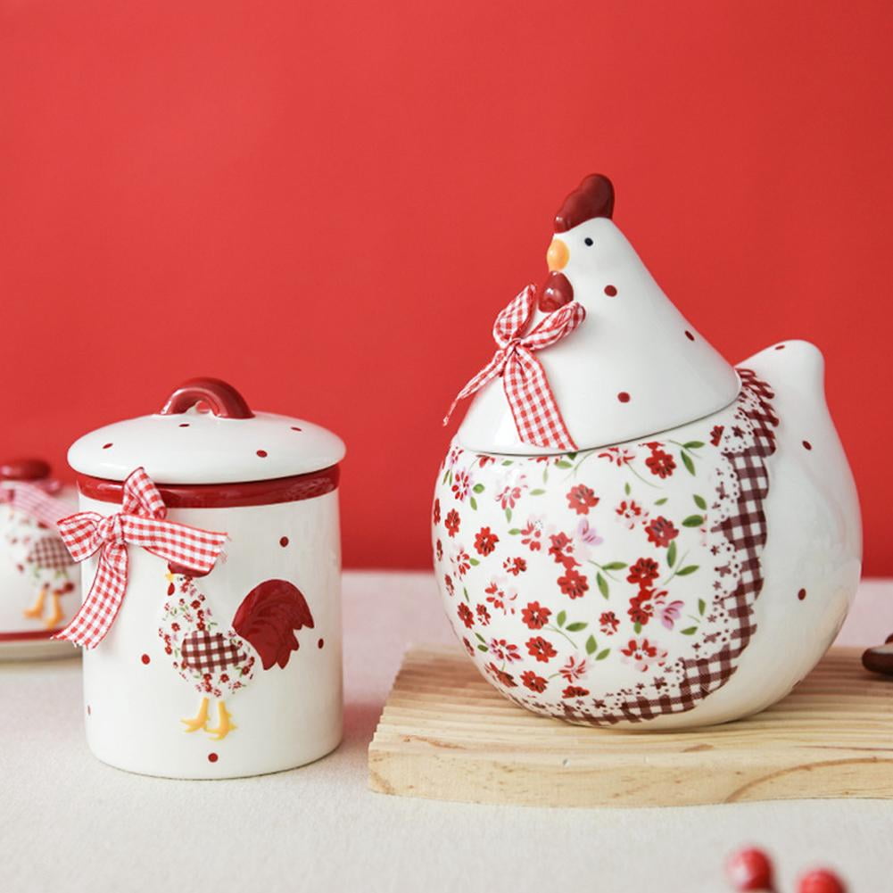 Ceramic Easter Sugar Canister with Rural Chicken & Floral Pattern, Rooster Hen Cookie Jar, Airtight Food Storage Container, Red