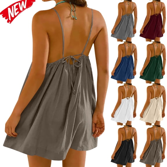 Taqqpue Women's Casual Sundress Summer Beach Dress Solid Color T-Shirts Dress Scoop Neck Spaghetti Strap Loose Tank Dresses for Women