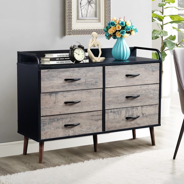 Commode à Tiroirs 6 Tiroirs avec Tiroirs Pliables en Tissu, Gris et Noir