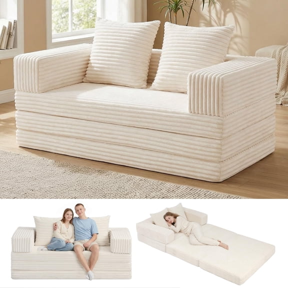 Convertible Sofa Bed, 4-in-1 Boneless Loveseat with Removable Armrests Backrest, Corduroy Futon Couch Bed with Pillow, Grey