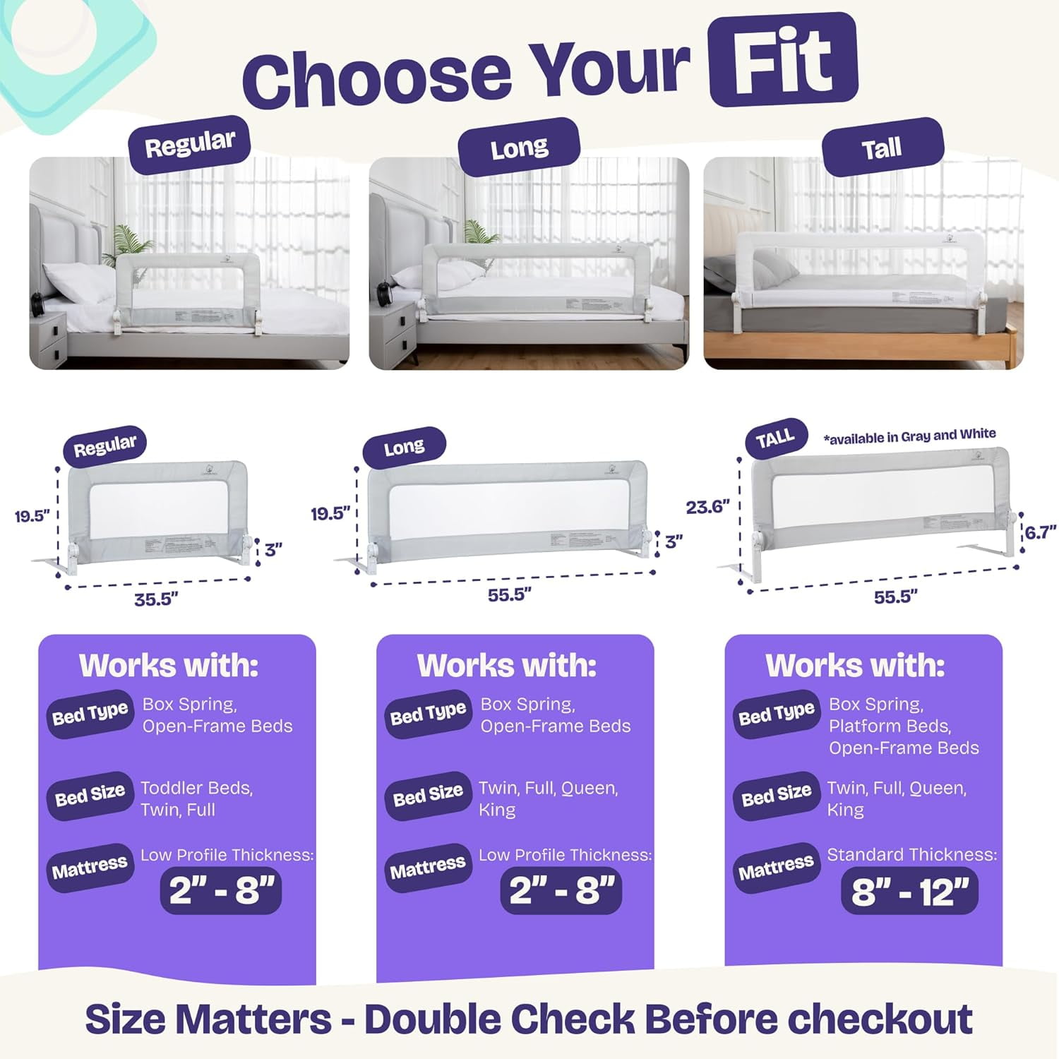 ComfyBumpy Toddler Bed Rail Guard, 35.5" x 19.5" Regular Swing Down Rail for Kids Beds, Purple, 1 pack