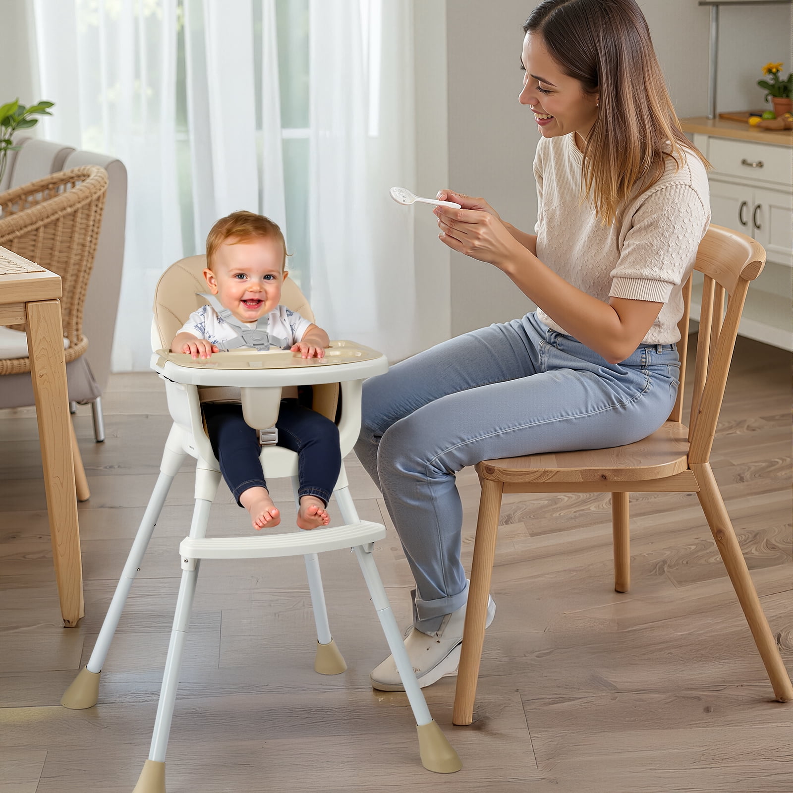 Ktaxon Baby High Chair, Convertible 3 in 1 High Chairs for Babies and Toddlers, Baby Highchair with 5-Point Safety Harness, Adjustable Dining Tray, Beige