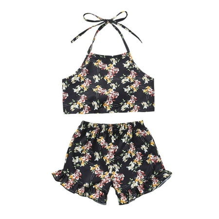 

Toddler Baby Girls Sleeveless Floral Printed Backless Vest Tops+Shorts Outfits For 2-3 Years
