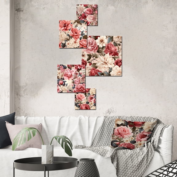 Designart "Graced With Vintage Roses" Floral Wall Art Set Of 5 - Pink Cottage Wall Living Room Decor Set