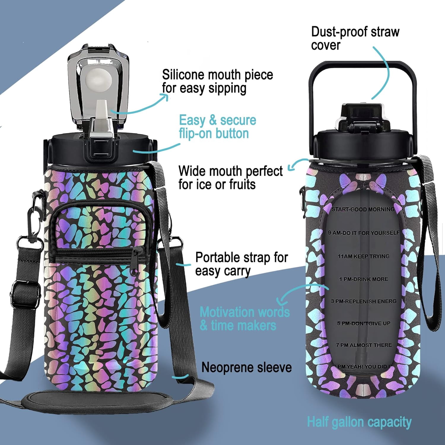 Leopard Half Gallon Water Bottle with Sleeve 1/2 Gallon Water Bottle 64 Oz Water Bottle with Time Marker, Motivational Water Bottle Half Gallon Water Bottle with Straw for Women Gym Yoga Pregnance
