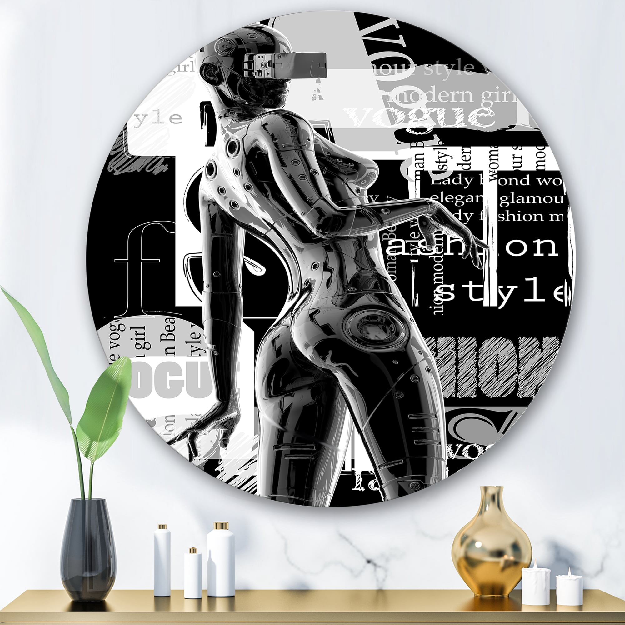 Designart 'Black and White Cyborg Body I' Modern Circle Metal Wall Art 29x29 - Disc of 29