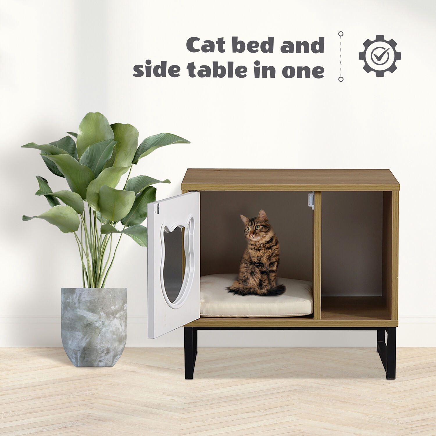 Critter Sitters Multi-Functional Cat House and Side Table with Hidden Litter Box, Wood/Neutral