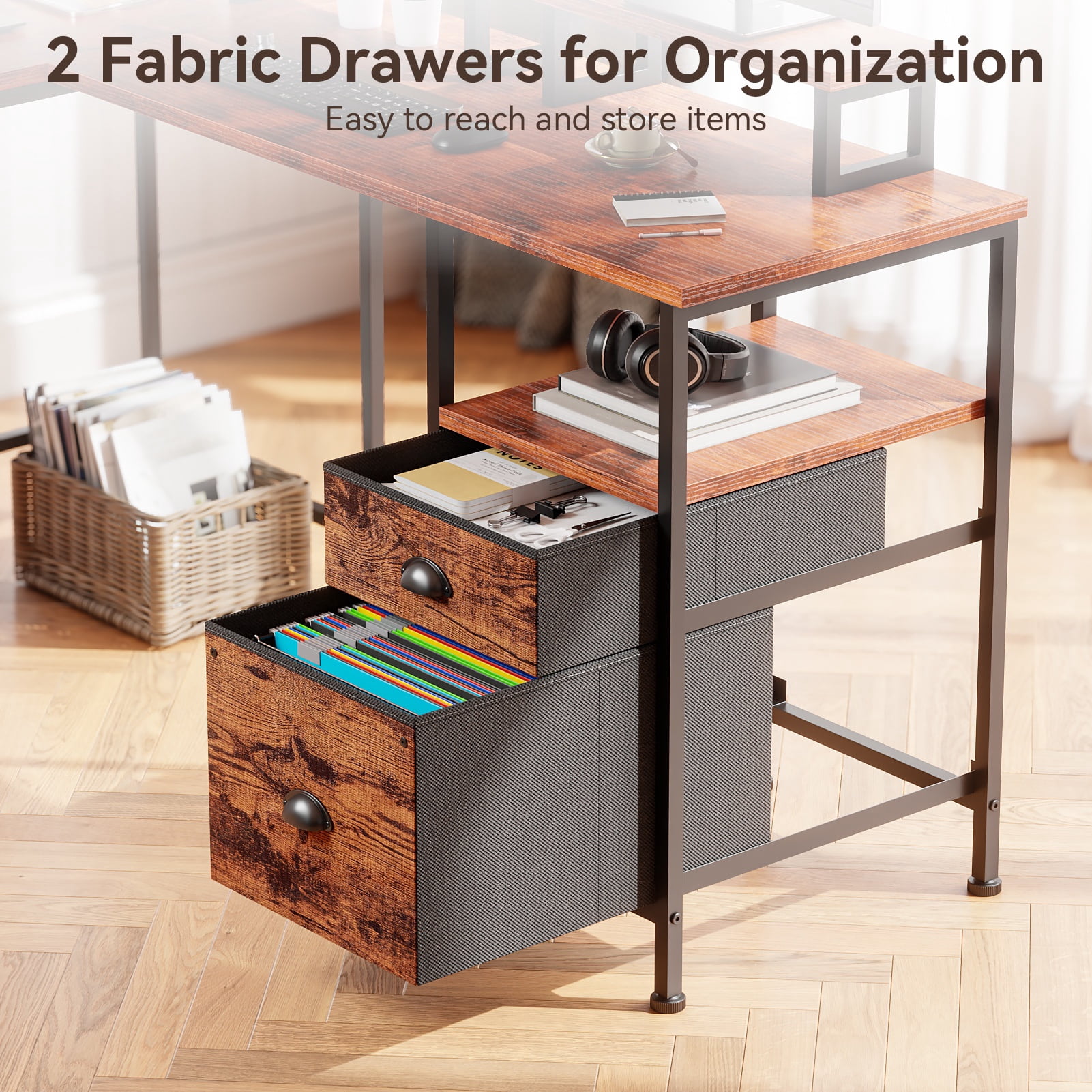 Satifur L Shaped Desk with Power Outlets, 50" Computer Desk with File Drawer, Home Office Desk with Printer Stand & Storage Shelves, Corner Desk, Rustic Brown