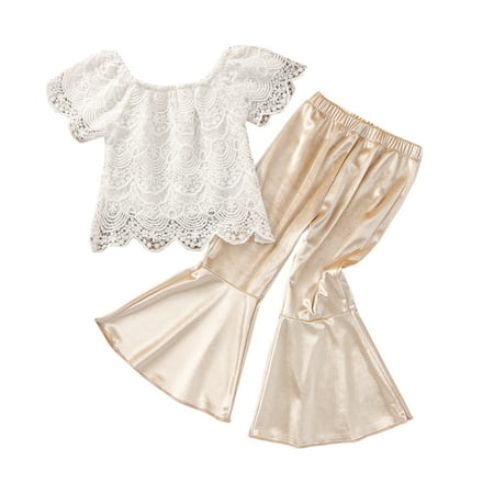 

Kids Toddler Baby Girls Spring Lace Cotton Short Sleeve Casual Bell Bottom Outfits Clothes Baby Clothing