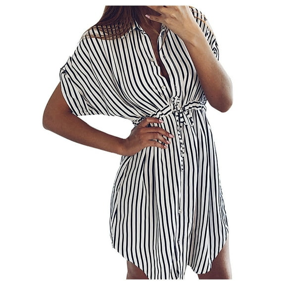 Henpk Summer Dresses for Women Striped T Shirt Dress Casual Midi Dress Short Sleeve Sundress with Pockets Fashion Drawstring Bandage Short Sleeve Stripe Print Lapel Shirt Dress Black XL