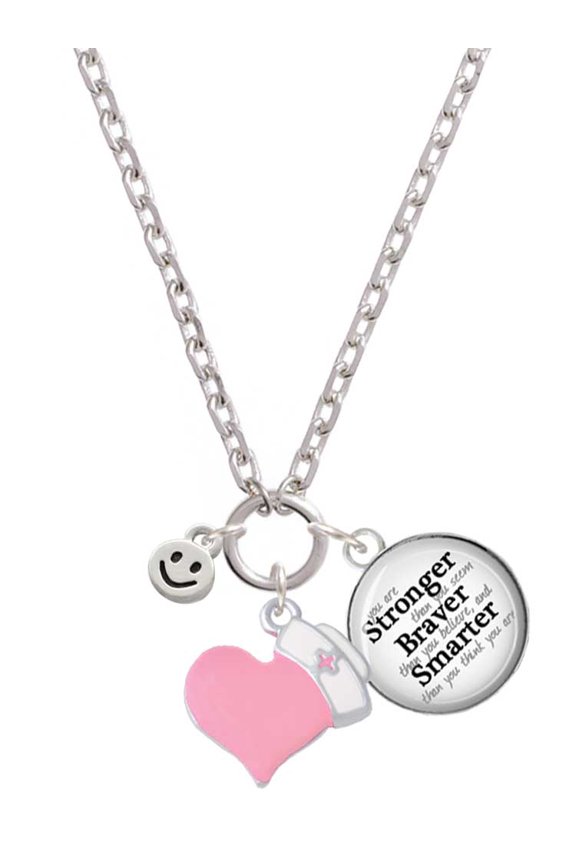 Silvertone Mini Smiley Face - Light Pink Heart Nurse Strong Zoe Necklace