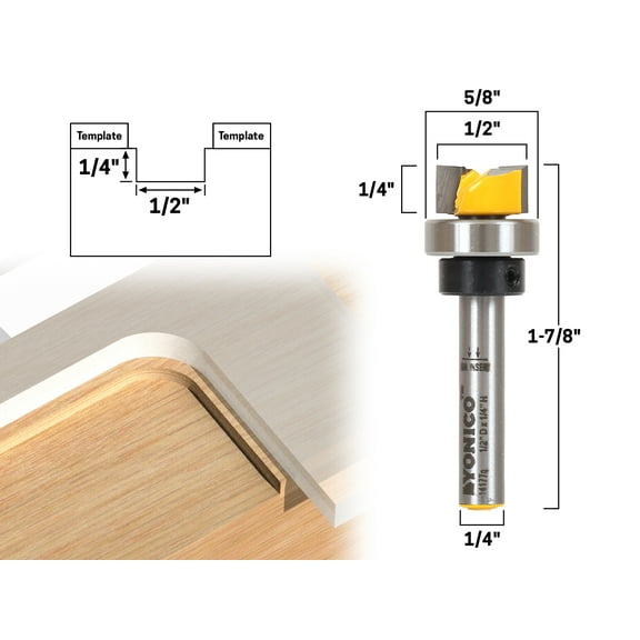 Yonico Hinge Mortise Template Router Bit 1/2" Diameter X 5/8" Bearing 1/4" Shank - 14177q