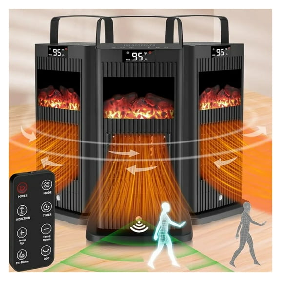 Space Heater,Mini Portable Heater With Infrared Sensor & Fireplace Flame Effect,1500W Oscillating Electric Ceramic ,Safety