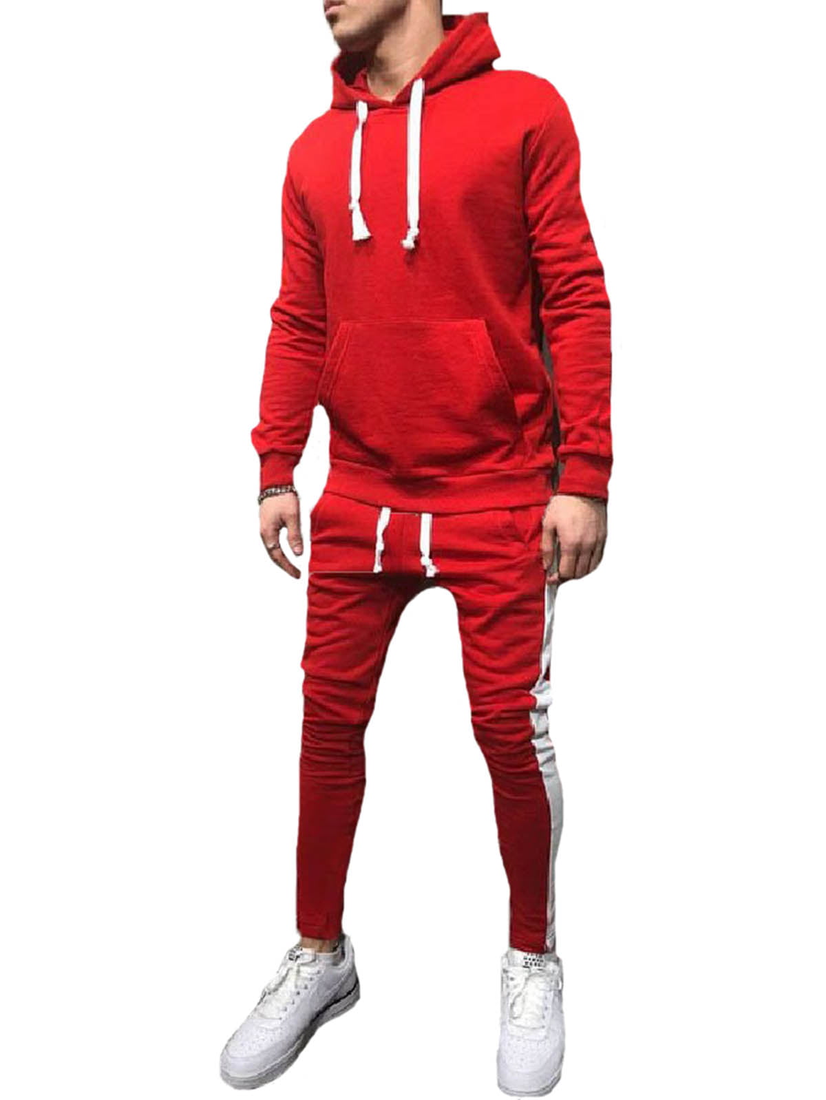 Mens Gym Contrast Jogging Full Tracksuit Hoodies Polyester Joggers Set 