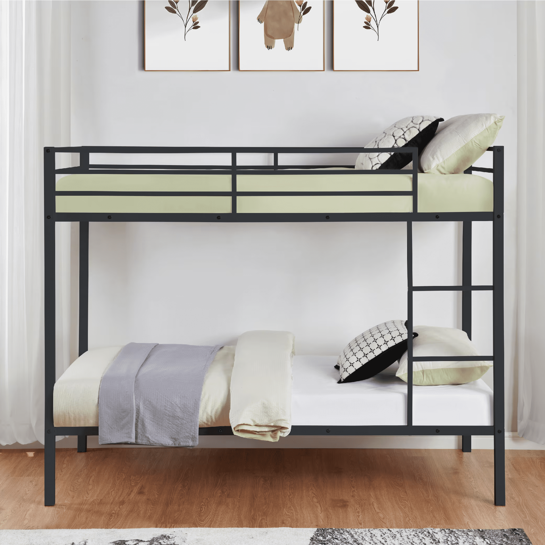 MAYEERTY Twin Size Metal Bunk Bed, Low Profile Bed Frame with Built-in Ladder, High Guardrail, Space-Saving for Kids, No Box Spring Required, Black