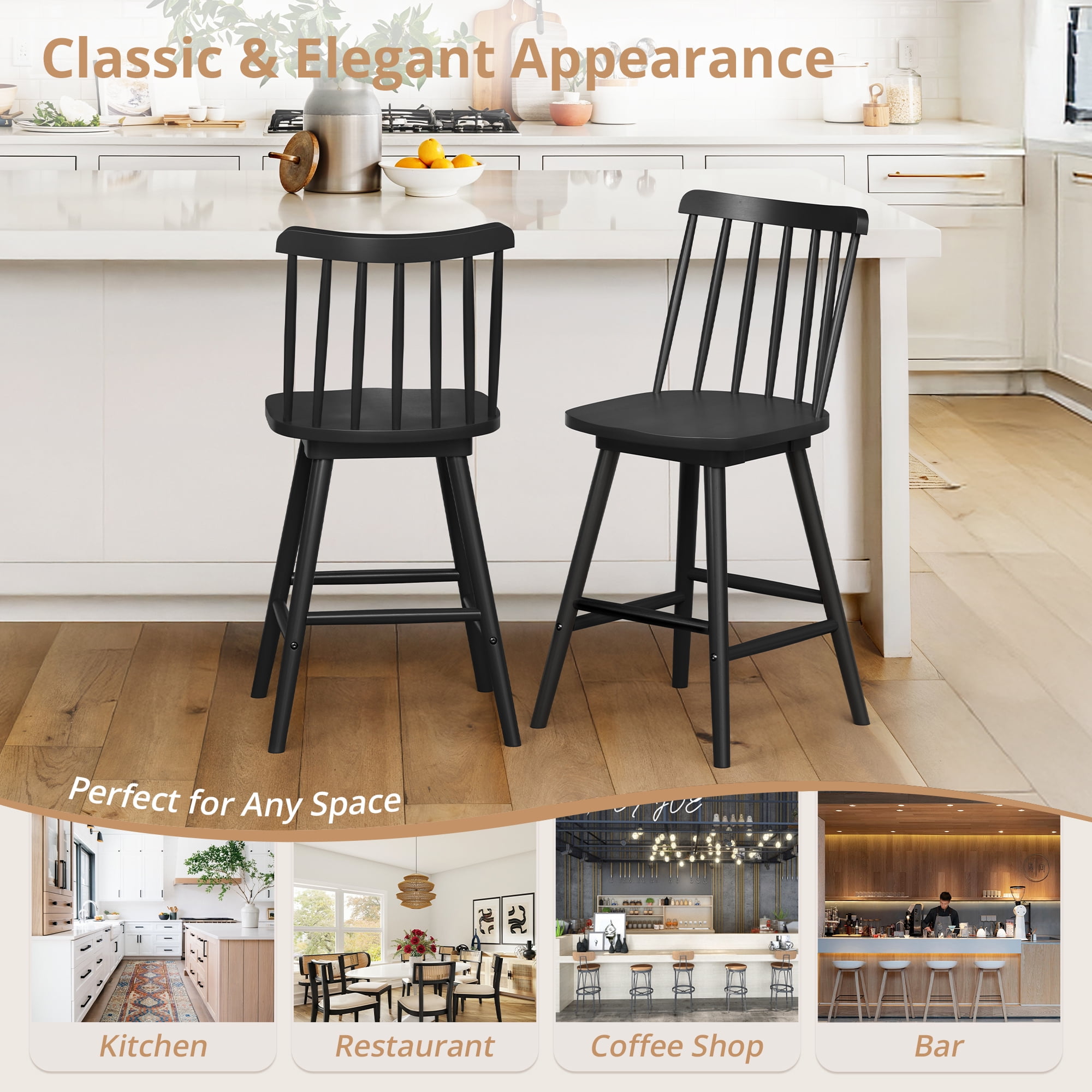 Dycanpo 24'' Swivel Wooden Bar Stools Set of 4,Counter Height Bar Stools with Backrest for Kitchen,Black