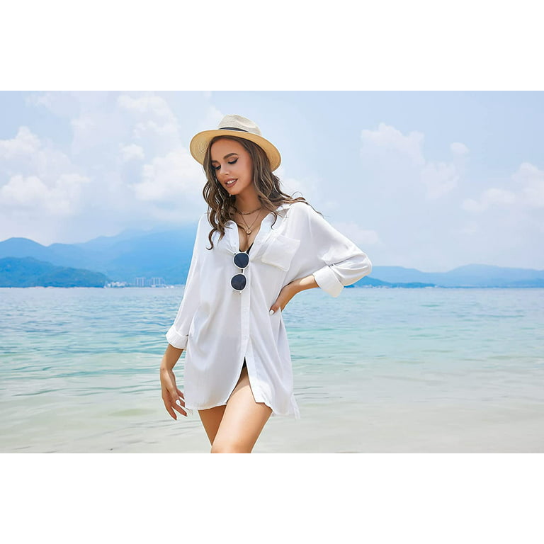 WoMens Beach Cover Up Shirt Button Up Swimsuit Swim Coverups Swimwear  A-white Small 