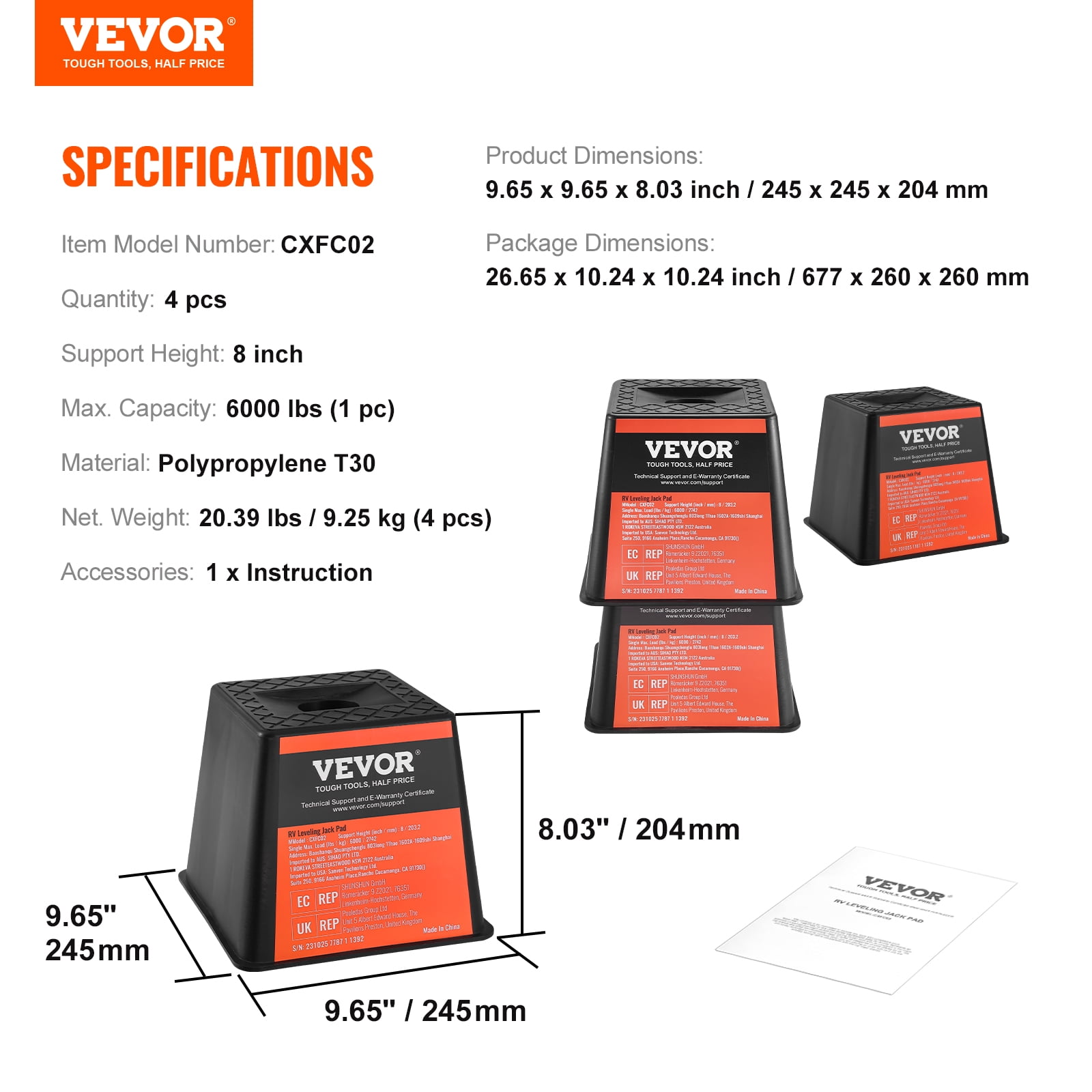 VEVOR Trailer Jack Block, 6000 lbs Capacity per RV Leveling Block, High-quality Polypropylene RV Camper Stabilizer Blocks, RV Travel Accessories Use for Any Tongue Jack, Post, Foot,5th Wheels,4-Pack