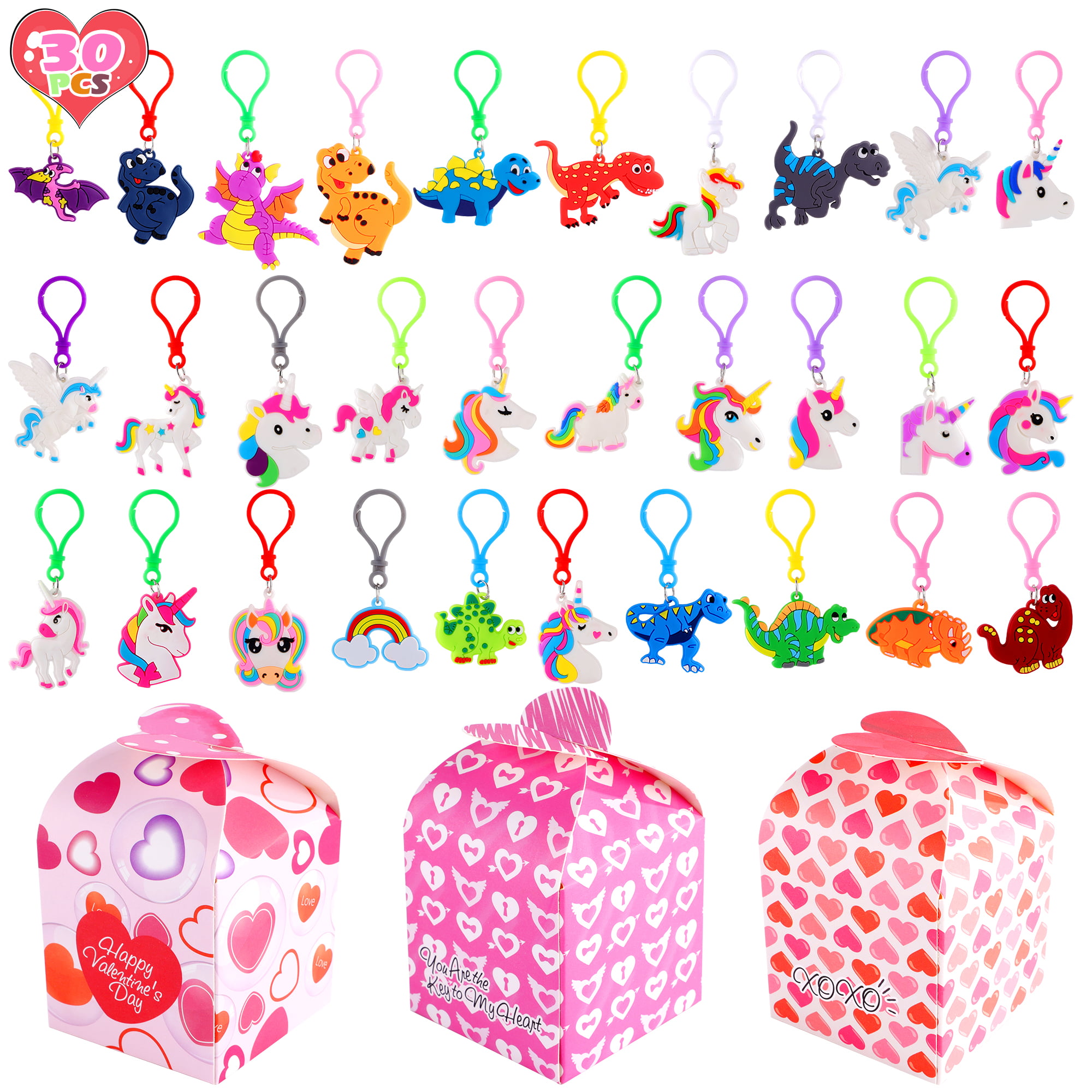 FiGoal 30 Pack Valentines Day Keychain in 30 Designs Dinosaur Unicorn Key Chains with 30 Valentines Day Boxes Kids Classroom Prize Student Toy Present Party Favor Goodie Bag