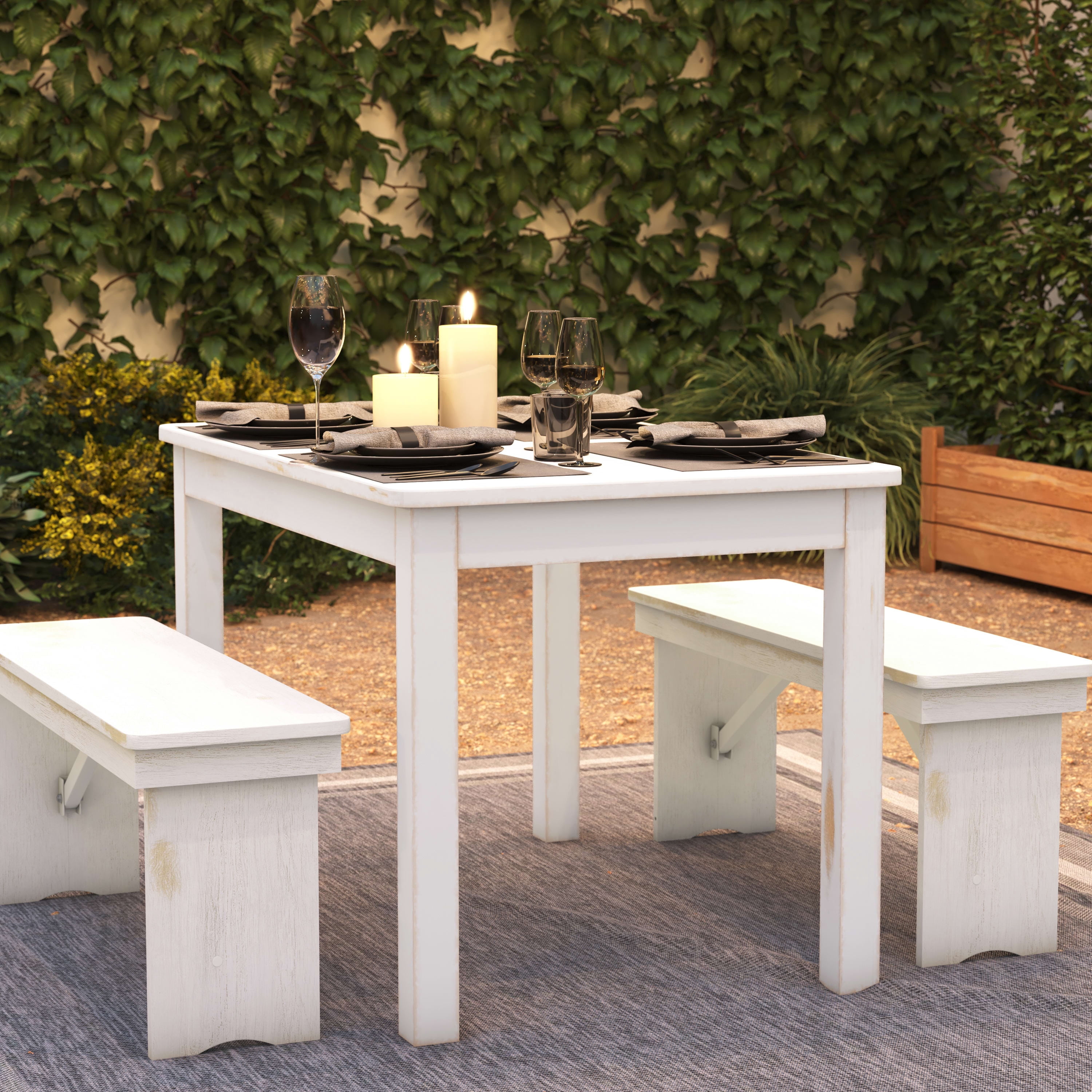BizChair HERCULES Series 46" x 30" Rectangular Antique Rustic White Solid Pine Farm Dining Table