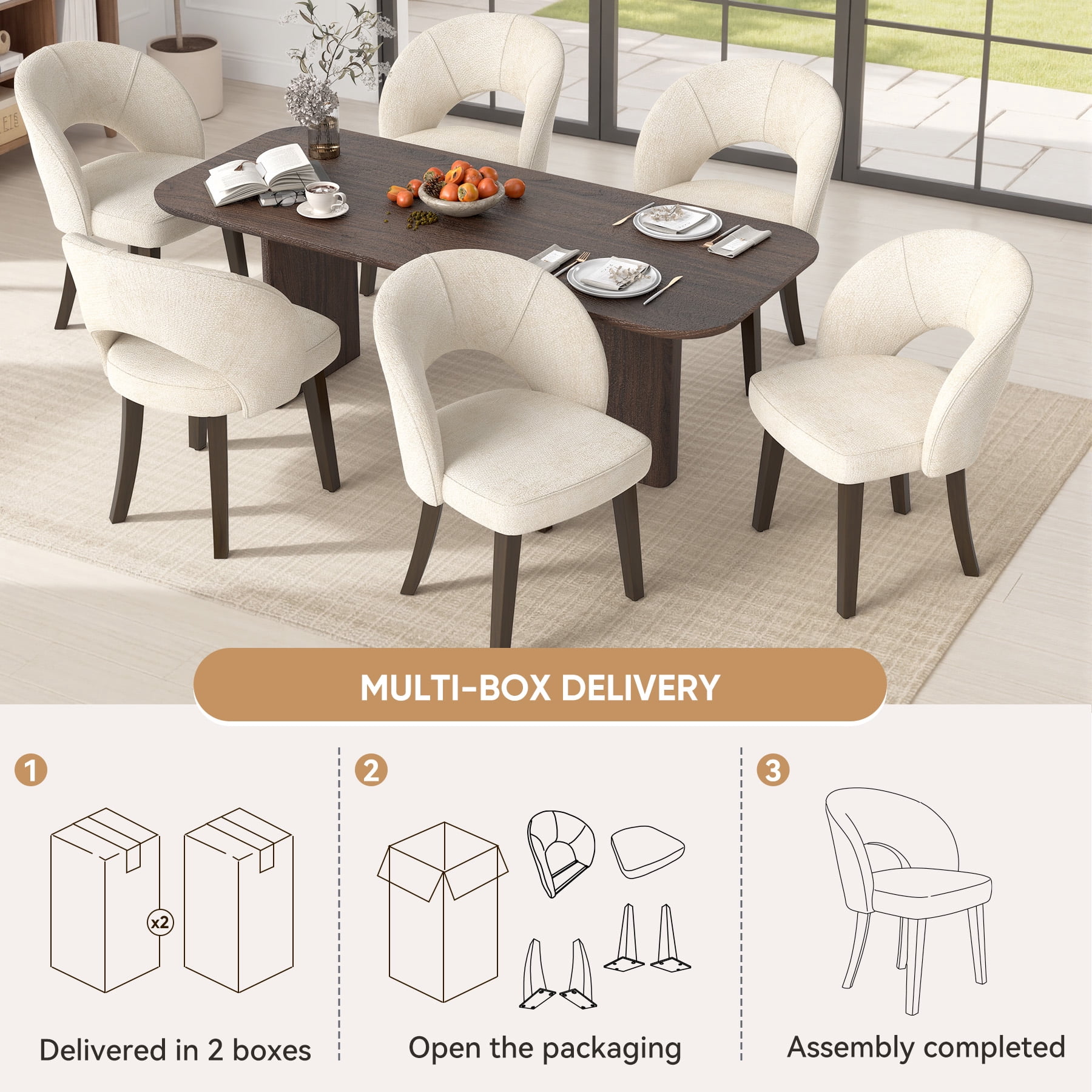 MOONNISS Upholstered Dining Chairs Set of 4, Mid Century Modern Dining Chairs with Solid Wood Legs, Curved Back Kitchen Chairs, Farmhouse Side Chairs for Dining Room,White