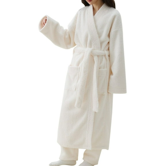 Womens Soft Warm Plush Robe Fleece Bathrobe with Pockets Winter Thicken Sleepwear Solid Color Pajamas Coat (White XL)