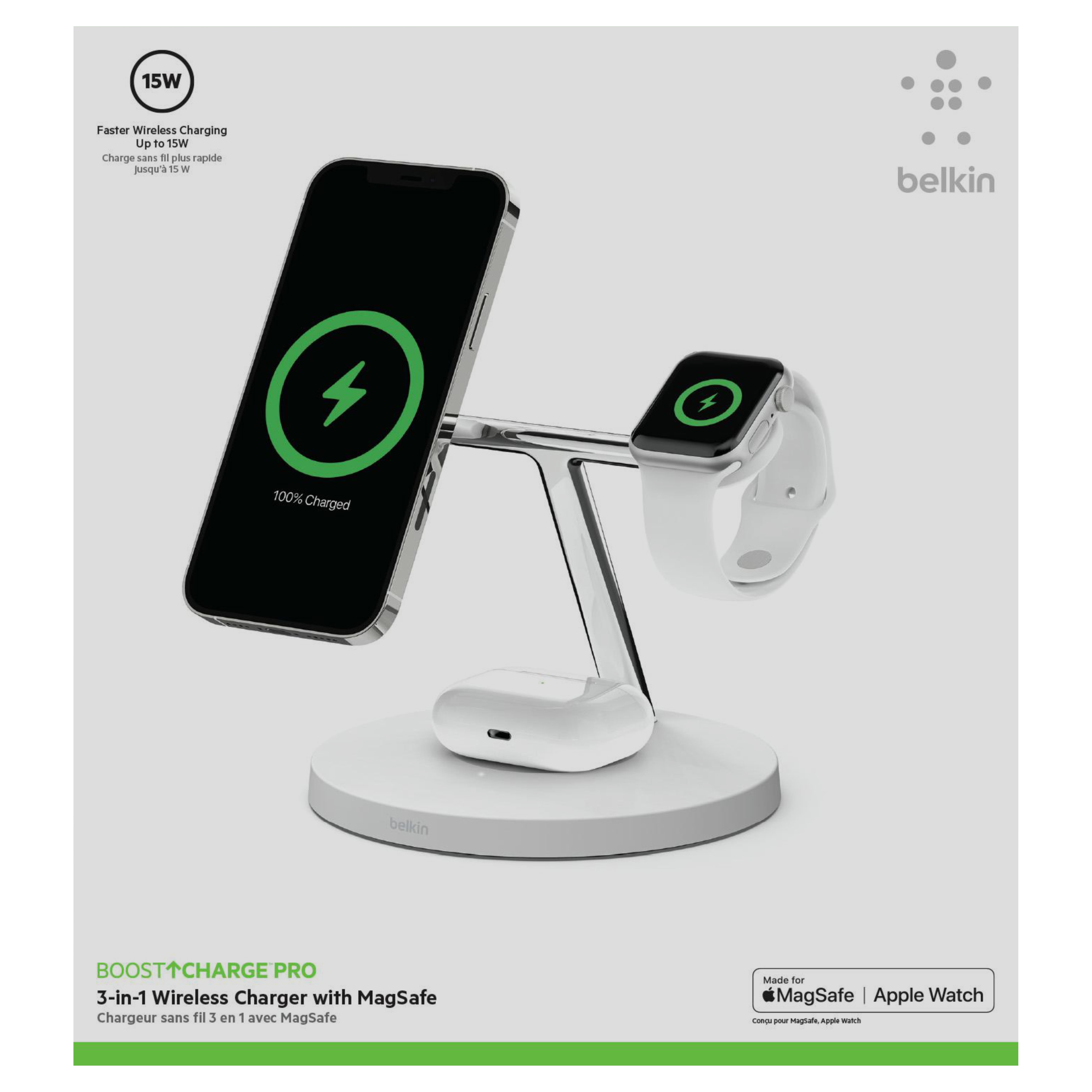  Belkin MagSafe 3-in-1 Wireless Charging Stand (Older 2021  Release) for Apple Watch, iPhone Series, AirPods - Black : Everything Else