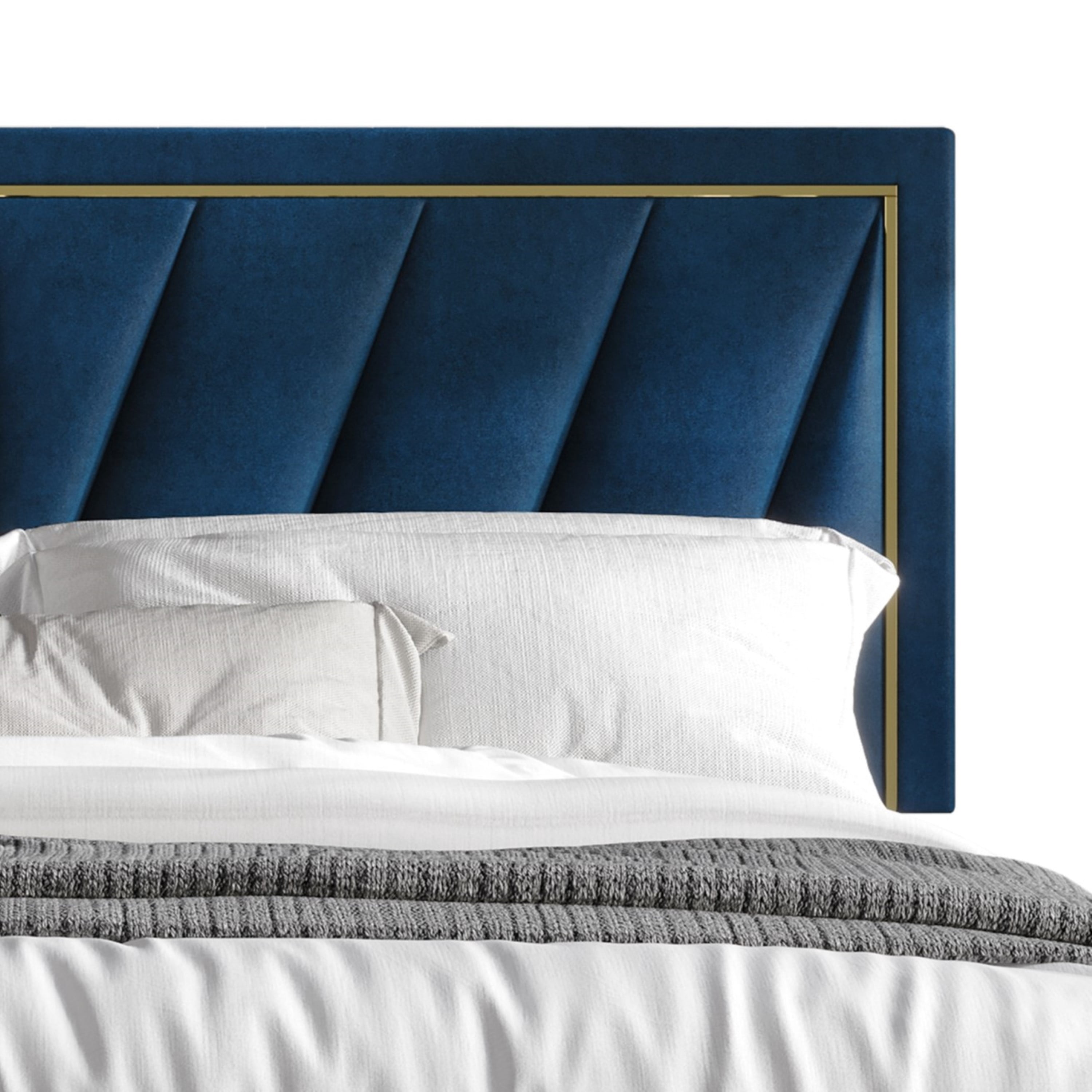 Home Design Valdez Full Upholstered Storage Platform Bed Frame with Gold Aluminum Trim and Four Under-Drawers, Blue, Easy Assembly