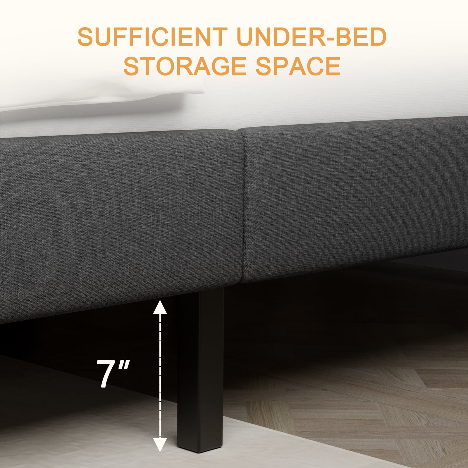 Queen Bed Frame, Lecuneey Queen Size Platform Bed with Fabric Upholstered Headboard, Dark Grey
