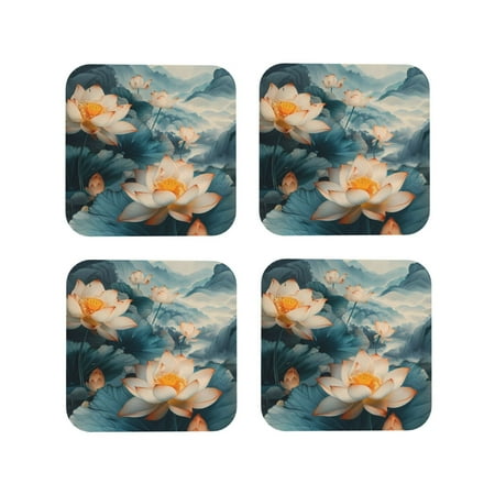 

Lukts Mountain Lotus Serenity Print Leather Drinks Coasters Set of 4 Suitable or Drinks Furniture Protection and Easy Clean up-Square