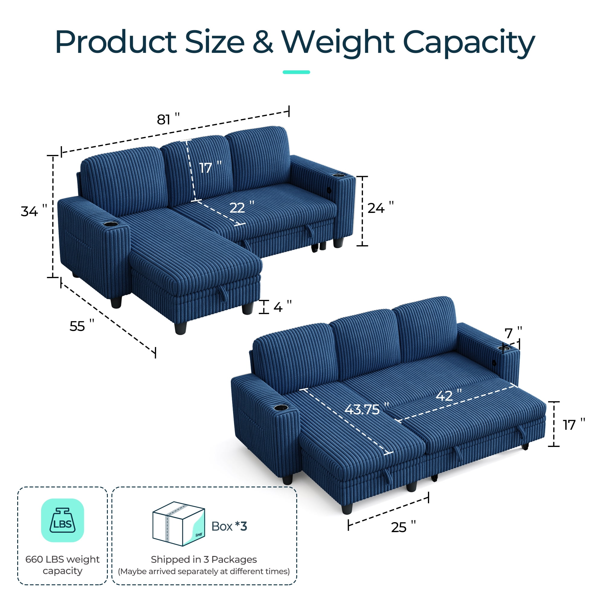 LINSY HOME L Shaped Sectional Couches for Living Room, Sleeper Sofa Bed with Reversible Storage Chaise, Pull Out Couch Bed with USB, Cup Holder, Dark Blue