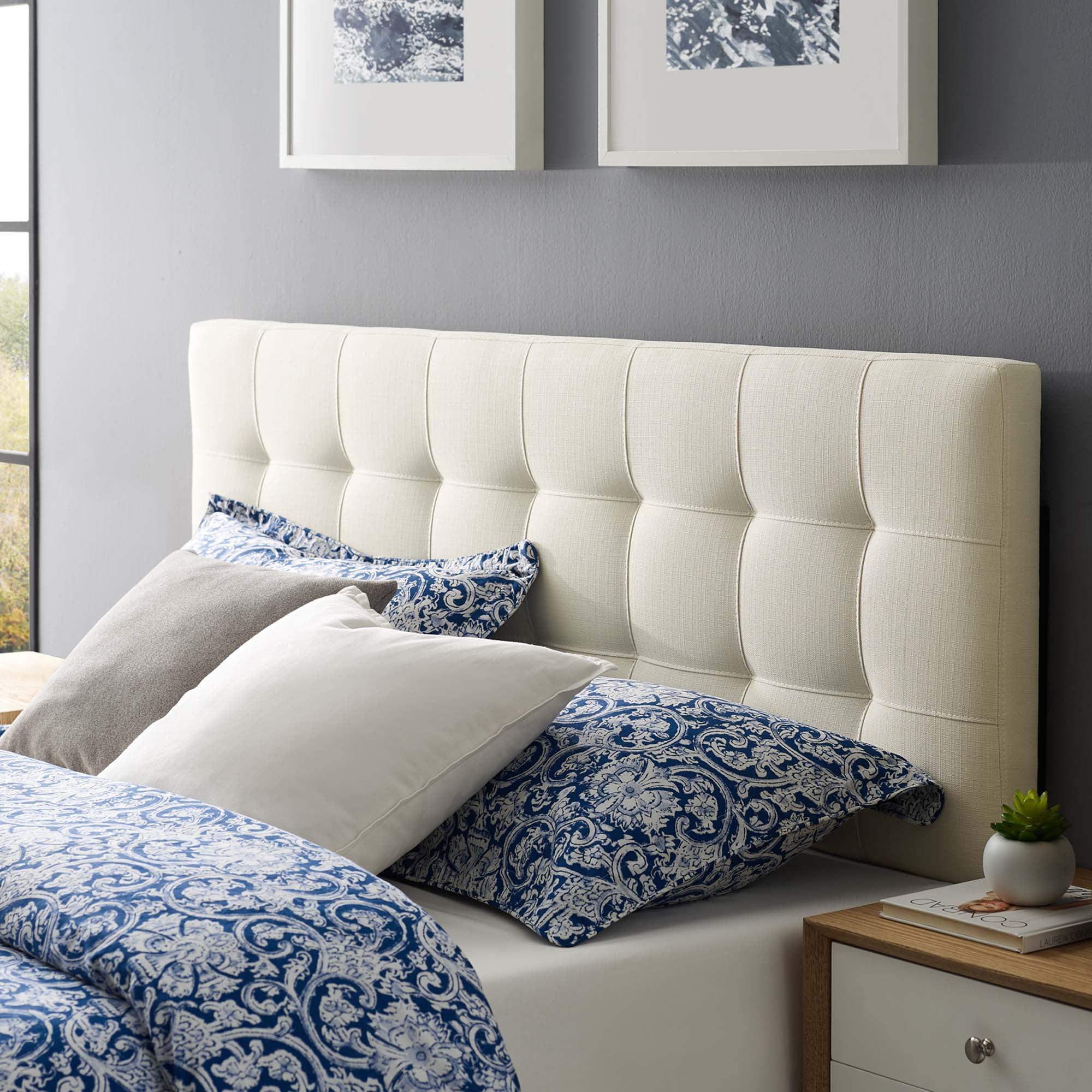Tufted Headboard, Queen, Ivory White, Fabric, Hotel Bedroom, Modern Contemporary, HB38014