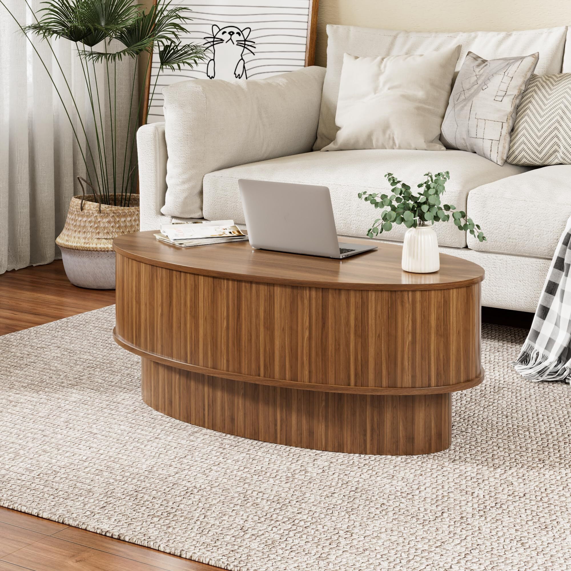 JEJEGORICH Oval Lift Top Coffee Table with Hidden Storage, 41 in Wooden Mid Century Modern Living Room Center Table, Walnut