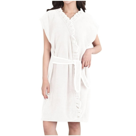 FRSASU Womens Autumn/Winter Bathrobe Coral Fleece Sleeveless Solid Color Quick Drying Robes Absorbent Bandage Nightgown White