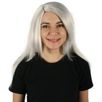 HPO Adult Women’s Grey Straight Wig – Cosplay & Halloween Costume, Flame-Retardant Synthetic Fiber