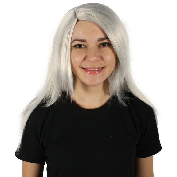 HPO Adult Women’s Grey Straight Wig – Cosplay & Halloween Costume, Flame-Retardant Synthetic Fiber
