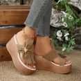 thumbnail image 4 of Rokment Women's Platform Wedge Flip Flops Delicate-Bee Bowknot Fashion Casual Suede Extra Chunky High Heels Slip on Backless Dress Sandals Comfortable Walking Slides Summer Shoes Khaki Size 6.5, 4 of 6